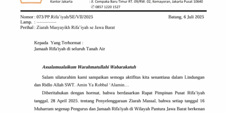 Pimpinan Pusat Rifa’iyah Terbitkan Pengumuman Resmi Pelaksanaan Ziarah 16 Muharram Rifa’iyah se Jawa Barat