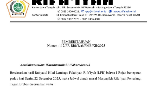 Pimpinan Pusat Rifa’iyah Resmi Umumkan Penyesuaian Jadwal Ziarah Masal Masyayikh Wilayah Pemalang, Tegal, dan Brebes