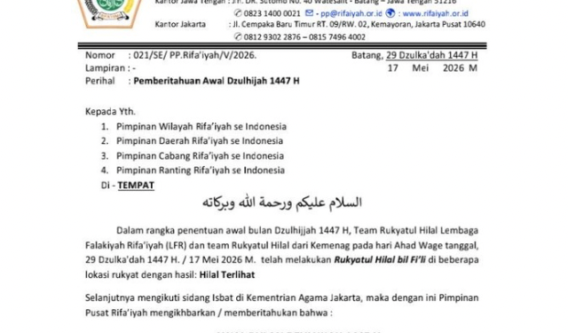 PP Rifa’iyah Tetapkan 1 Dzulhijjah 1447 H Jatuh pada 18 Mei 2026
